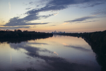 Evening view of Vistula River in Warsaw, view from Siekierkowski Bridge, Poland