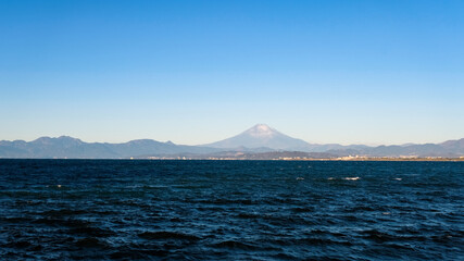 神奈川県、江ノ島から見る富士山と相模湾