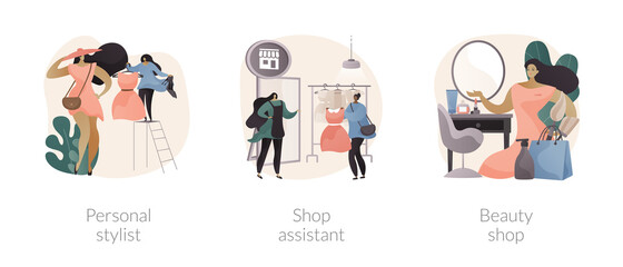 Fashion and beauty abstract concept vector illustration set. Personal stylist, shop assistant, beauty shop, beauty blogger, shopping mall retail store, dressing room, shopaholic abstract metaphor.