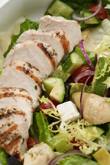 Greek salad with grilled chicken in white bowl. Vegetable salad