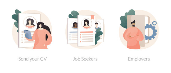 Headhunting company abstract concept vector illustration set. Send your CV, job seekers and employers, HR service, apply now, employee profile, career building, find vacancy abstract metaphor.