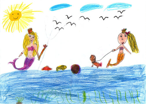 Drawing of a cute mermaid swimming and fish. Pencil art in childish style