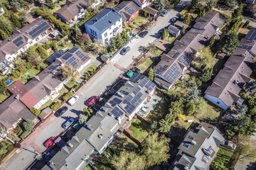 Drone view of terraced houses in Choszczowka area of Warsaw city, Poland