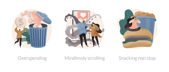 Addictive habits abstract concept vector illustration set. Overspending, mindlessly scrolling, snacking non-stop, social media addiction, diet and nutrition, junk food abstract metaphor.