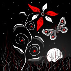 Night landscape with flower and butterfly. Vector illustration.