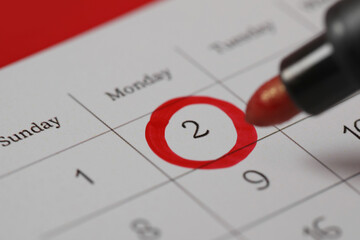 Marking date February 2nd in calendar, closeup. Groundhog day