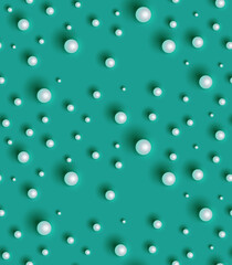 White pearls on a green mint background. Geometric seamless pattern. Texture with white beads. Design template for covers, packaging, cards, holiday decorations, textiles, wallpaper, interior
