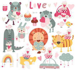 Happy Valentines day cute animals, decorations, sweets, clipart, love bug, rainbows isolated on white background. Valentine colorful collection. Vector illustration.