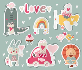 Happy Valentines day sticker set  -  cute woodland animals, love car, love plane,  rainbow, cupcake isolated on white background. Valentine colorful collection. Vector illustration.