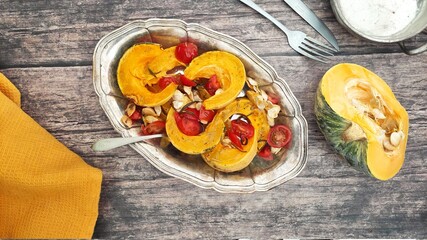 Roasted slices of pumpkin and cherry tomatoes on a silver tray
