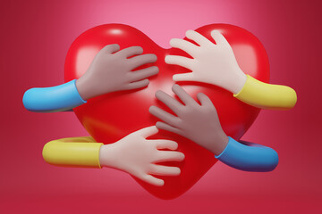 hand embracing red heart. embracing love symbol, cartoon character hand, 3d rendering