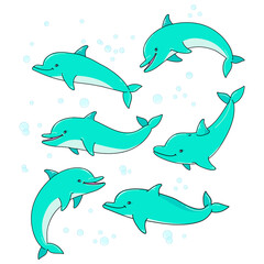 set of funny cartoon dolphin