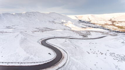 Drone Aerial  Edale Peak District Snow-Covered Mountains