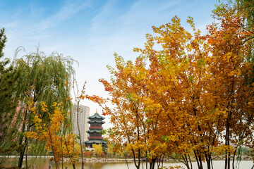 In autumn, the beautiful Yingze Park is in Taiyuan, Shanxi Province