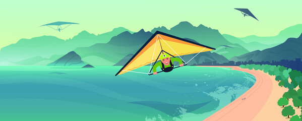 Landscape mountain and sky with paragliding. Paraglider tandem flying over the sea with blue water and mountains in bright sunny day. Aerial view of paraglider and Blue Lagoon. 