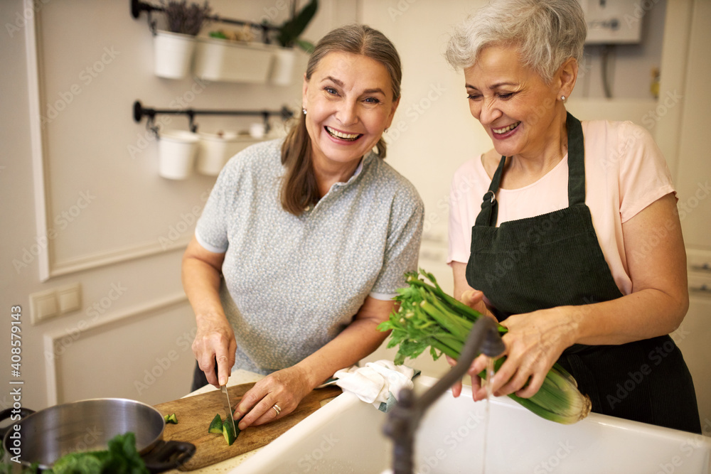 Poster people, leisure, hobby and cookery concept. two joyful elderly housewives posing in kitchen, washing