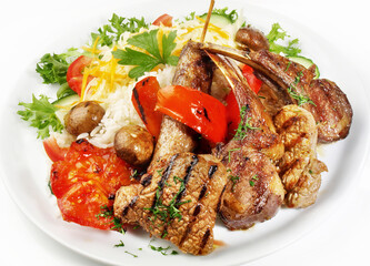 Classic Greek Meat Plate with Rice Isolated on white Background