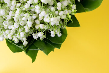 Delicate bouquet of white lilies of the valley in green leaves on a bright yellow background with copy space. Selective focus. Closeup view