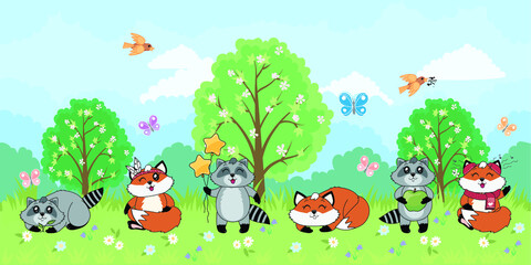 Naklejka premium Foxes and raccoons horizontal repeating border for children