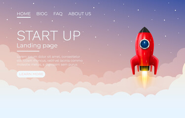 Start up idea Landing page screen, development technology, rocket banner. Vector
