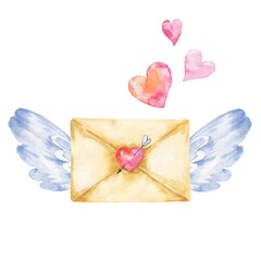 Watercolor love letter with angel wings and hearts on white background. Valentine's day watercolour illustration.