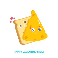 vector funny cartoon cute sliced bread character with cheese character isolated on white background. Conceptual valentines day comic funky kids poster or banner with funky food