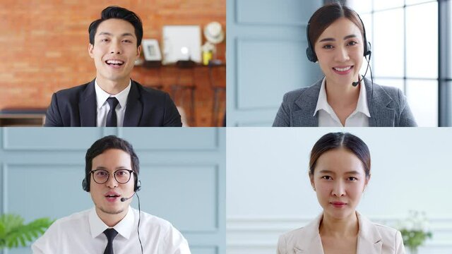 Screen of business people work at home and virtual video conference meeting with colleagues via computer laptop or mobile phone, online working, video call and teleconference concept