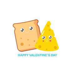 vector funny cartoon cute sliced bread character with cheese character isolated on white background. Conceptual valentines day comic funky kids poster or banner with funky food