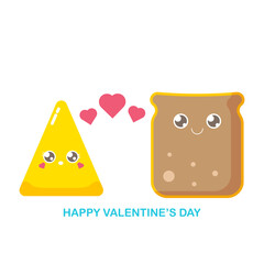 vector funny cartoon cute sliced bread character with cheese character isolated on white background. Conceptual valentines day comic funky kids poster or banner with funky food