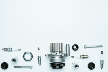 Silent blocks. Set of new metal car part. Auto motor mechanic spare or automotive piece isolated on white background. Automobile engine service with space for text.