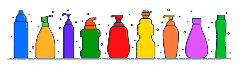 Set cosmetic container in row. Body care hygiene. Blank package bottle. Plastic cosmetic jar product. Beauty product package. Oil, lotion, shampoo. Treatment mockup design. Outline line art style