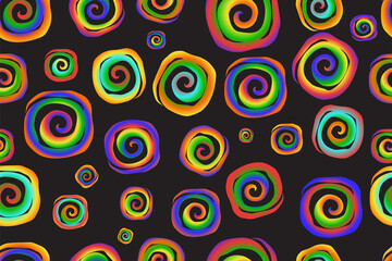 Bright seamless pattern in hippie style of rainbow spirals on a black background