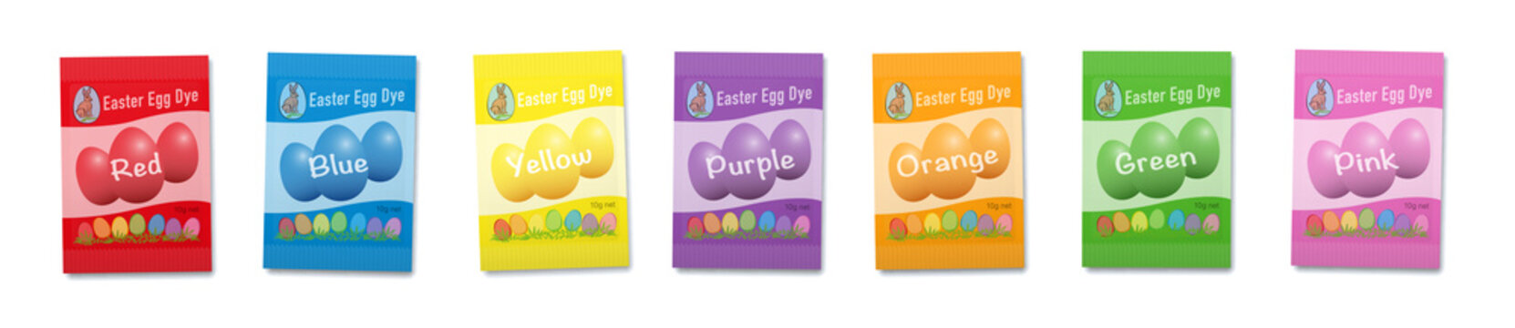 Easter egg dye sachets rainbow. Set with seven favorite colors red, orange, yellow, green, blue, purple and pink. Variuos paper envelopes. Isolated vector illustration on white background.

