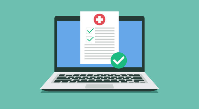 medical prescription on laptop computer screen concept, online healthy electronic check list and distance internet medicine, vector flat illustration