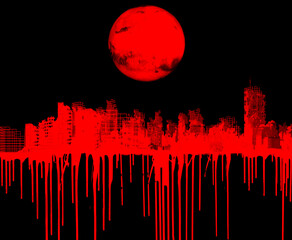 Stylized ruined city in blood red with blood trickling down