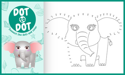 Connect the dots kids game and coloring page with a cute elephant character illustration