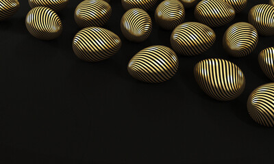 Set of gold eggs on black background with copy space. 3d rendering