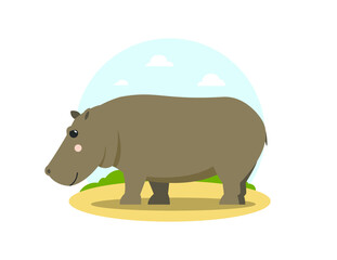 Brown adult hippo in flat cartoon style walking in african landscape. Friendly hippopotamus, wild animal. Isolated cute children's illustration on white background. Vector, EPS10.
