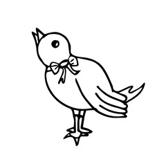 A doodle bird isolated on a white background stands sideways with a bow around its neck. Vector bird can be used in seasonal design for Easter, children's cards, textiles, packaging