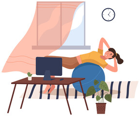 Woman doing fitness exercise at home by video tutorial on a computer. Young girl is engaged in pilates with a ball. Slim lady dressed in a sportive uniform in a flat style doing sports in living room