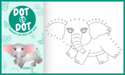 Connect the dots kids game and coloring page with a cute elephant character illustration