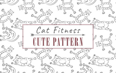Cat fitness cute pattern. Cool black and white background for clothes, notebooks, covers, etc. Funny design for textiles. Lots of fun fat cats. Linear vector illustration. Cat seamless pattern. 