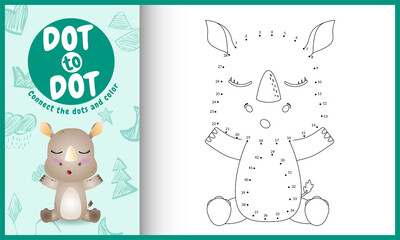 Connect the dots kids game and coloring page with a cute rhino character illustration