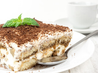 Tiramisu cake with mint leaf on a plate on a light background.
