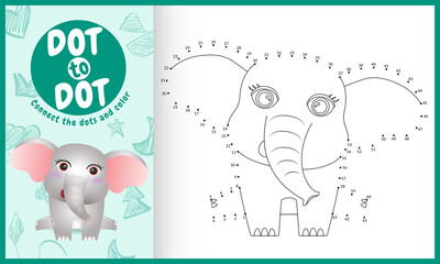 Fototapeta premium Connect the dots kids game and coloring page with a cute elephant character illustration