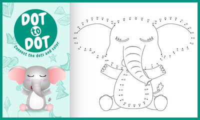 Connect the dots kids game and coloring page with a cute elephant character illustration