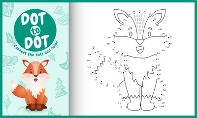 Connect the dots kids game and coloring page with a cute fox character illustration