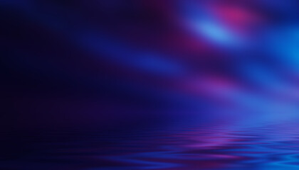 Dark abstract background. Neon multicolored light reflects on the water. Beach party, light show. Blurry lights glisten on the surface. 3d illustration