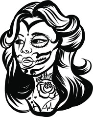Old school tattoo.comic halftone and pop art style.Women in mask of a lion and flower, Hand drawn vector