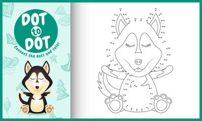 Connect the dots kids game and coloring page with a cute husky dog character illustration